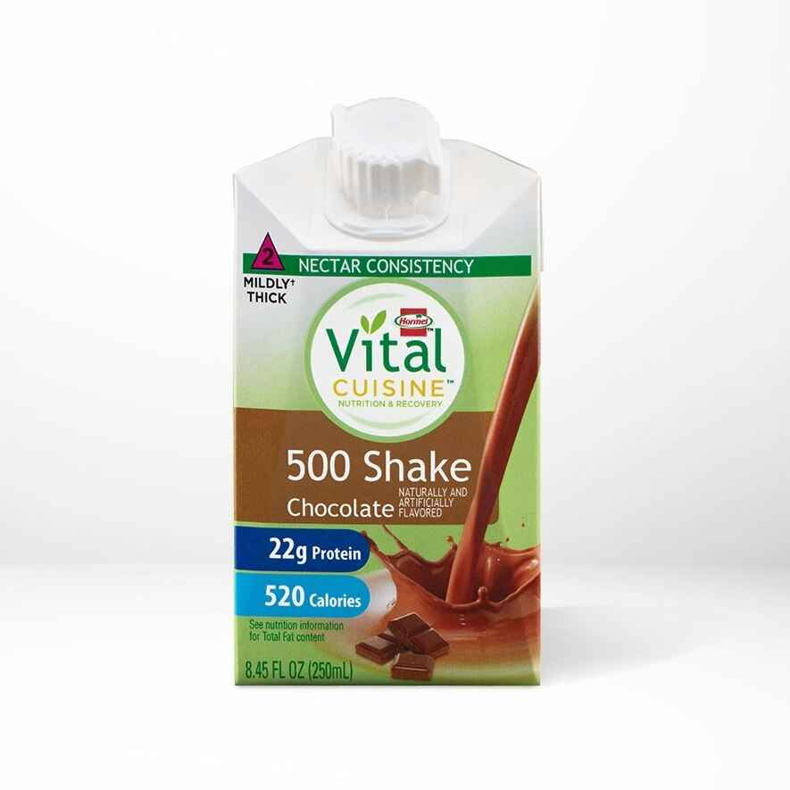 A case of 27 Hormel Foods Vital Cuisine 500 Chocolate Shakes, each with 22g protein and 520 calories per 8.45 fl oz (250ml), featuring chocolate imagery on the label.