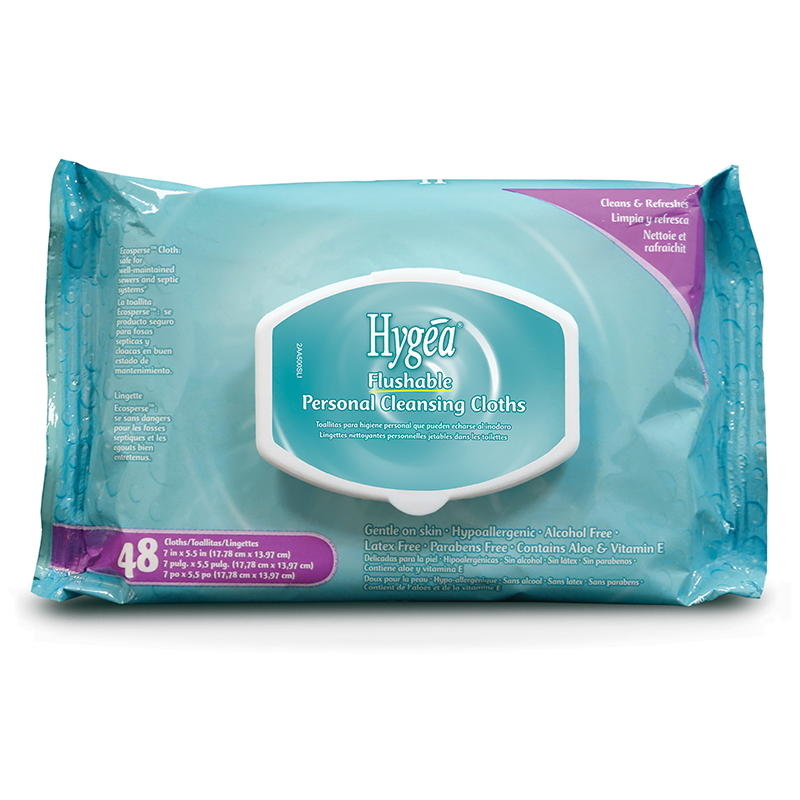 A 48-count pack of PDI Hygea Flushable Personal Wipes in teal packaging with a white lid. Hypoallergenic, alcohol-free, gentle on skin, and safe for both sewer and septic systems.