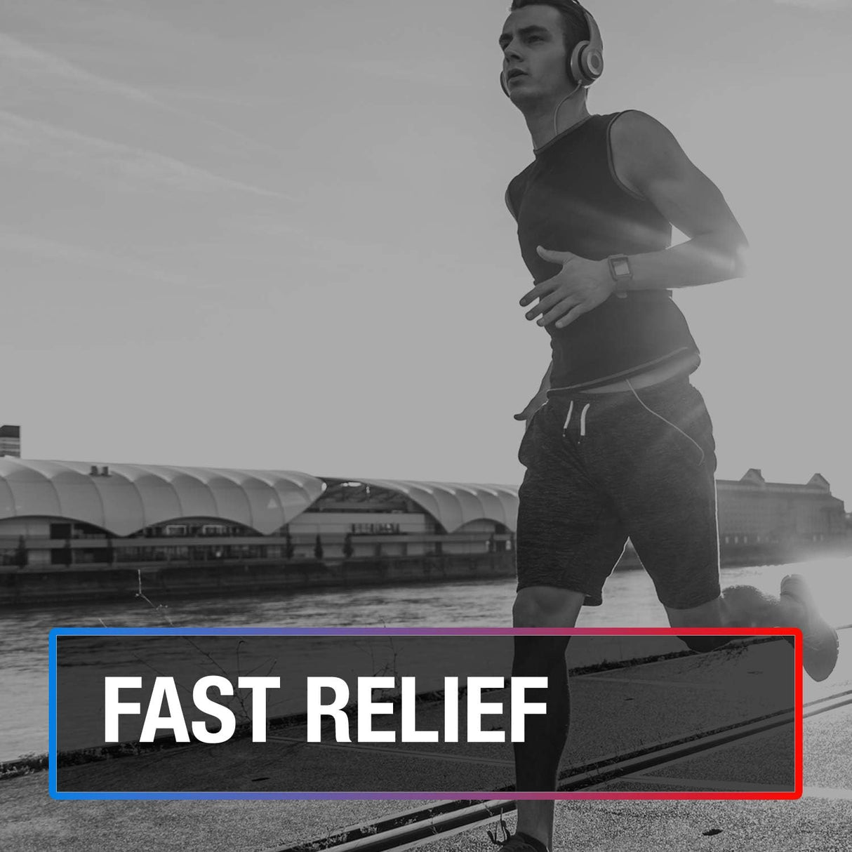 A person wearing headphones jogs outdoors by modern buildings. Bold white text reads FAST RELIEF, framed in red and blue at the bottom, highlighting Icy Hot Original Pain Relief Dry Spray with 16% Menthol, 4 oz spray by Icy Hot.