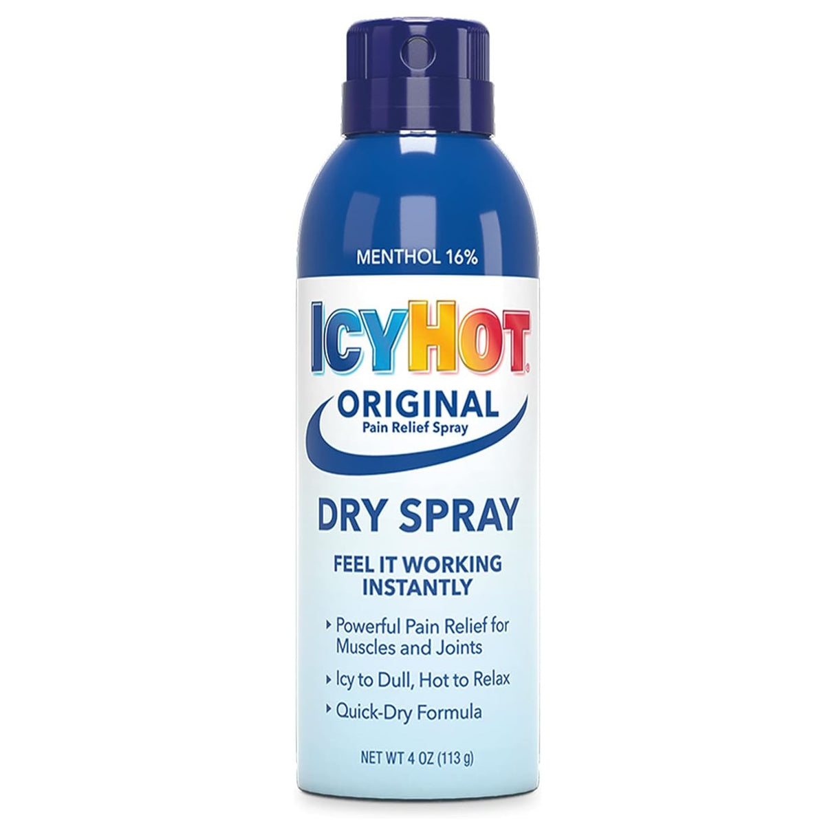 Icy Hot Original Pain Relief Dry Spray with 16% menthol delivers fast-acting, quick-drying relief for muscles and joints. Tagline: Icy to dull, hot to relax. Net weight: 4 oz (113 g). Brand: Icy Hot.