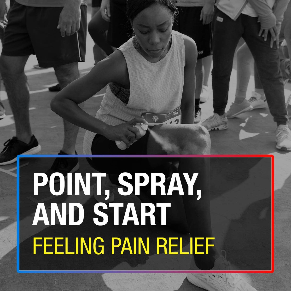 A woman sprays her knee with Icy Hot Original Pain Relief Dry Spray (16% menthol, 4 oz) while sitting. Text: Point, spray, and start feeling pain relief fast with Icy Hot’s powerful menthol formula.