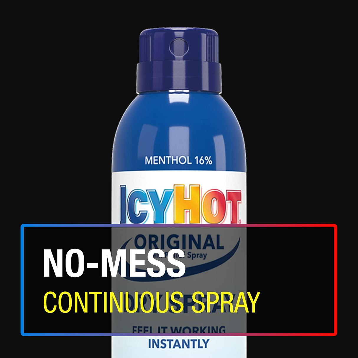 A 4 oz can of Icy Hot Original Pain Relief Dry Spray with 16% menthol delivers topical pain relief, featuring NO-MESS CONTINUOUS SPRAY in bold white and yellow text on a black background.