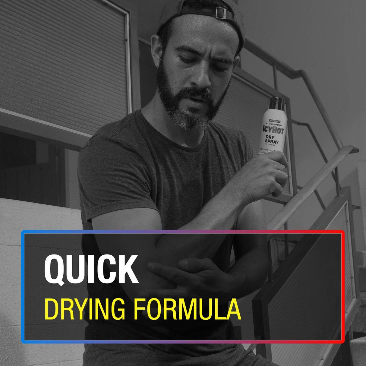 A man sprays Icy Hot Original Pain Relief Dry Spray with 16% Menthol, 4 oz, onto his forearm outdoors. Text reads: Quick Drying Formula.