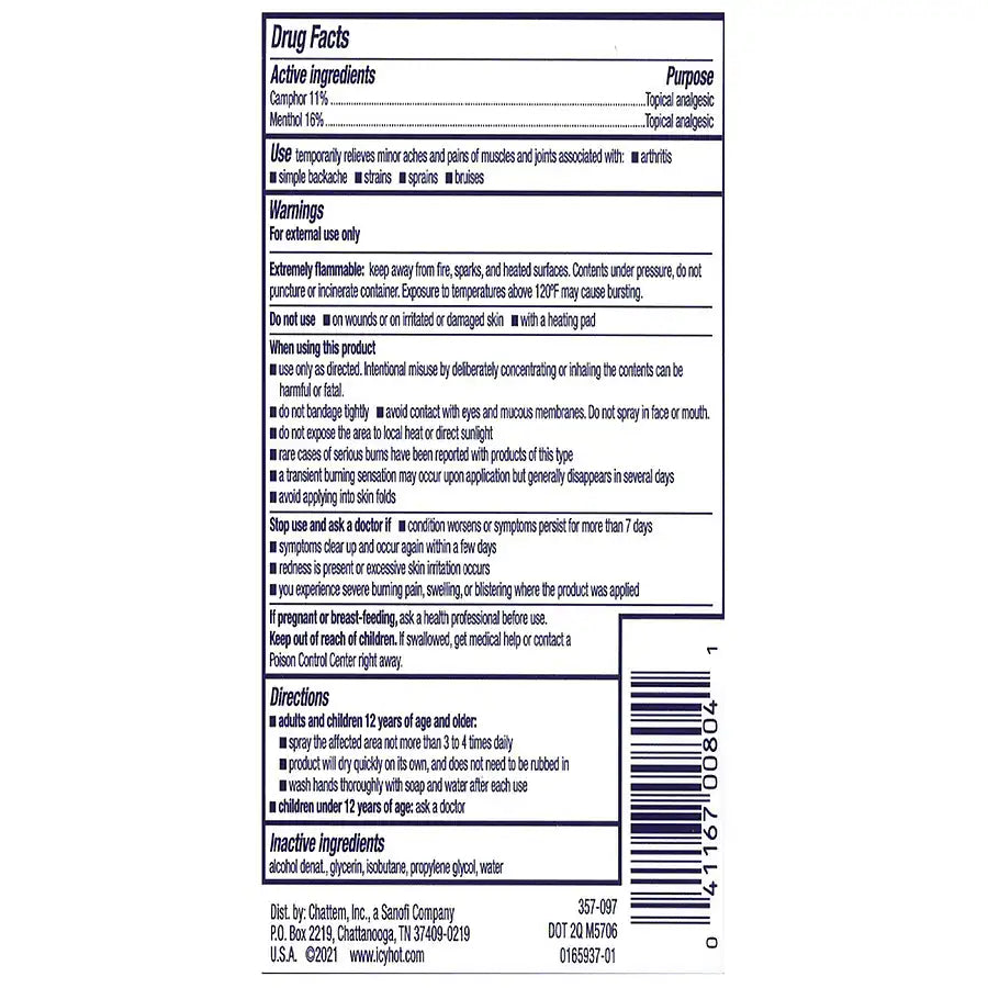 Drug facts label for Icy Hot Pro Pain Relief Dry Spray, 4 oz by Icy Hot. Lists active/inactive ingredients, uses, warnings, directions, manufacturer info. Barcode on right side. Black text on white background.