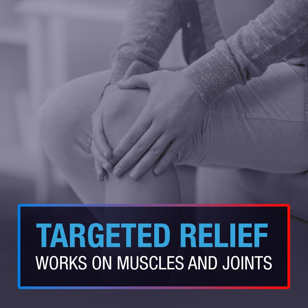 A person sits holding their knee in discomfort. Text: TARGETED RELIEF. Works on muscles and joints. Blue tones highlight pain relief with Icy Hot Pro Pain Relief Dry Spray, 4 oz from Icy Hot for effective comfort.