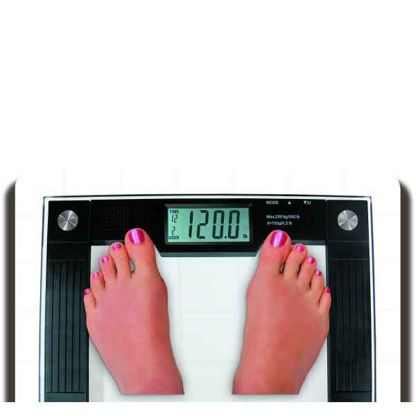 A person with pink-painted toenails stands on a Jobar Ideaworks Extra Wide Talking Bathroom Scale, which shows a weight of 120.0 pounds.