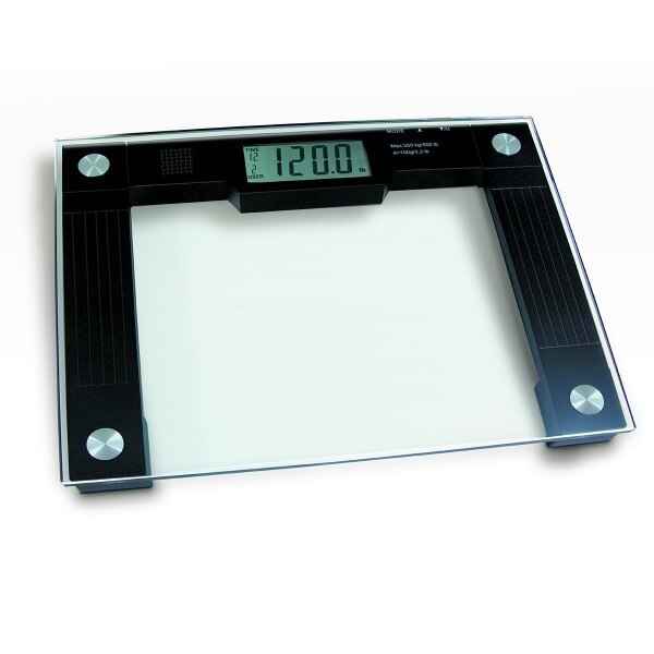 The Jobar Ideaworks Extra Wide Talking Bathroom Scale features a clear glass platform, black accents, digital display, clear voice readouts, and supports up to 550 lb capacity.
