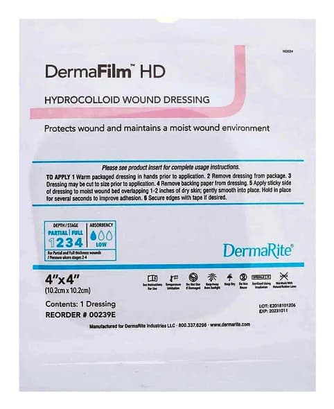 DermaFilm HD Hydrocolloid Dressing, 4 x 4 Inch