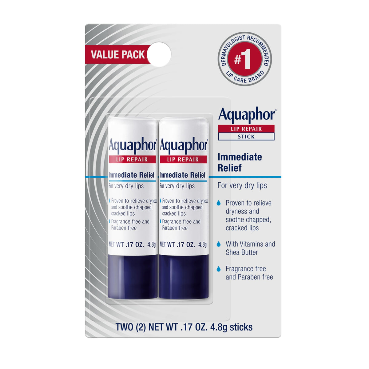 Aquaphor Lip Repair Stick, Immediate Relief, .17 oz, Pack of 2