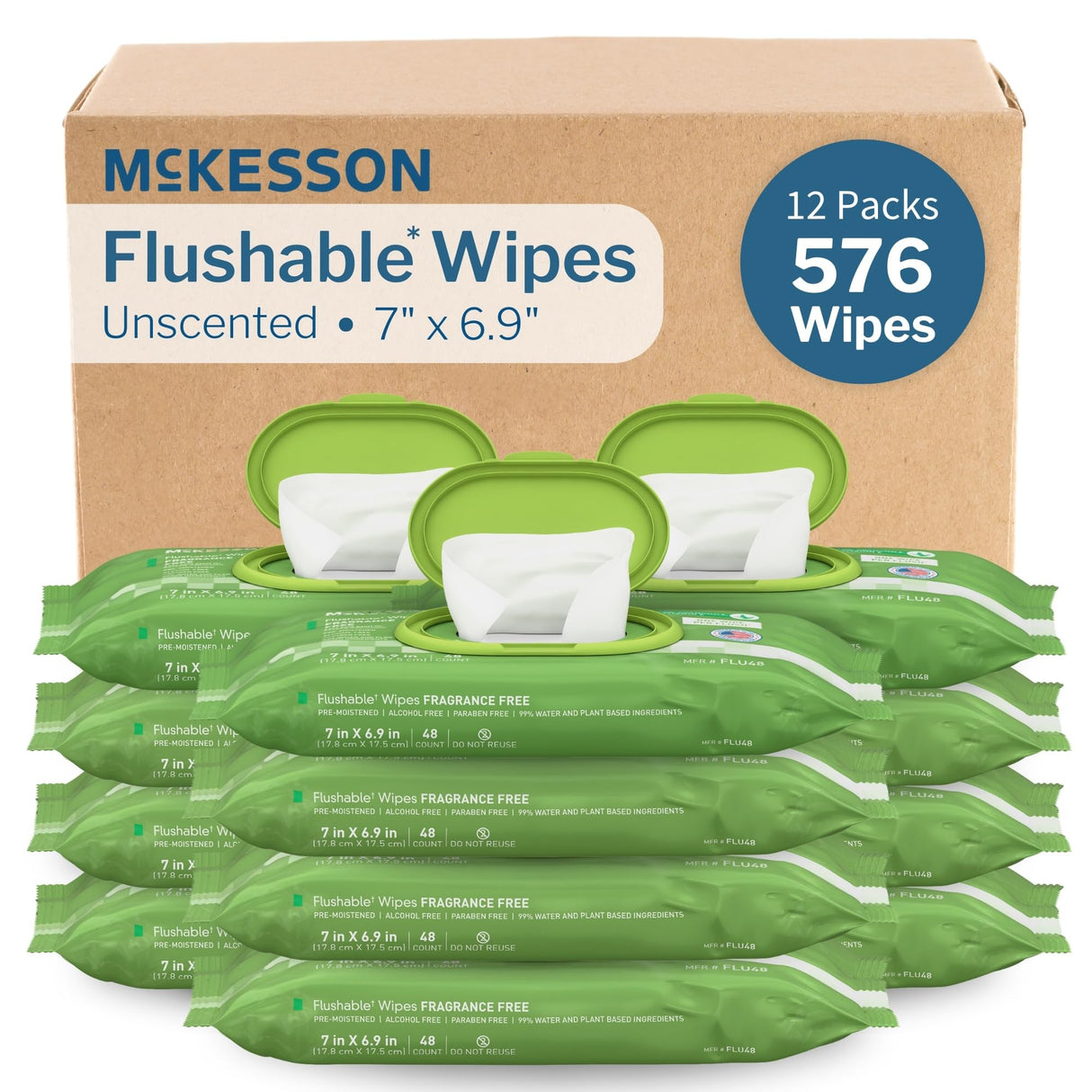 McKesson Flushable Wipes, Fragrance Free, 7" x 6.9"