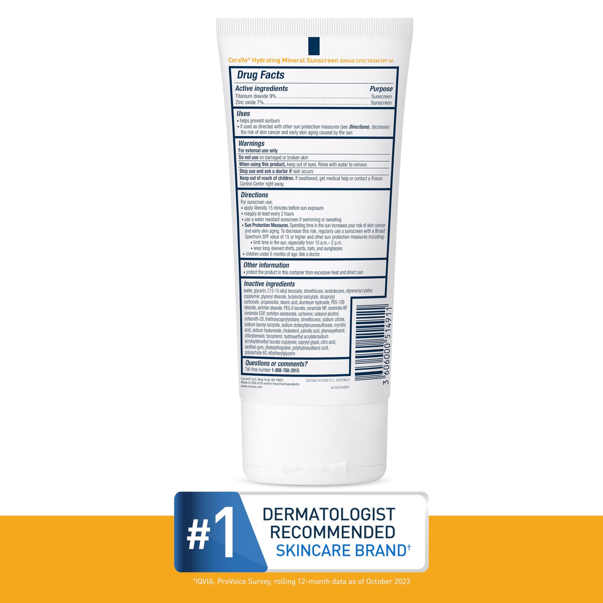CeraVe Hydrating Mineral Sunscreen for Face SPF 50 Lotion, Unscented, 2.5 fl oz