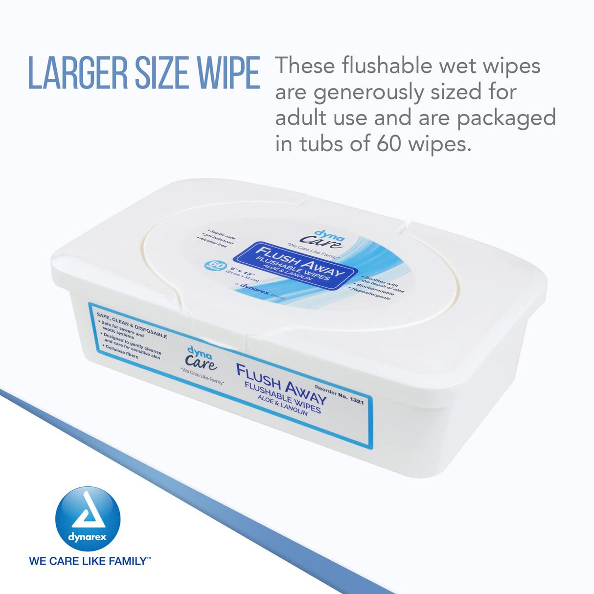 DynaCare Flush Away Flushable Wipes, Aloe & Lanolin, 60 Count Tub