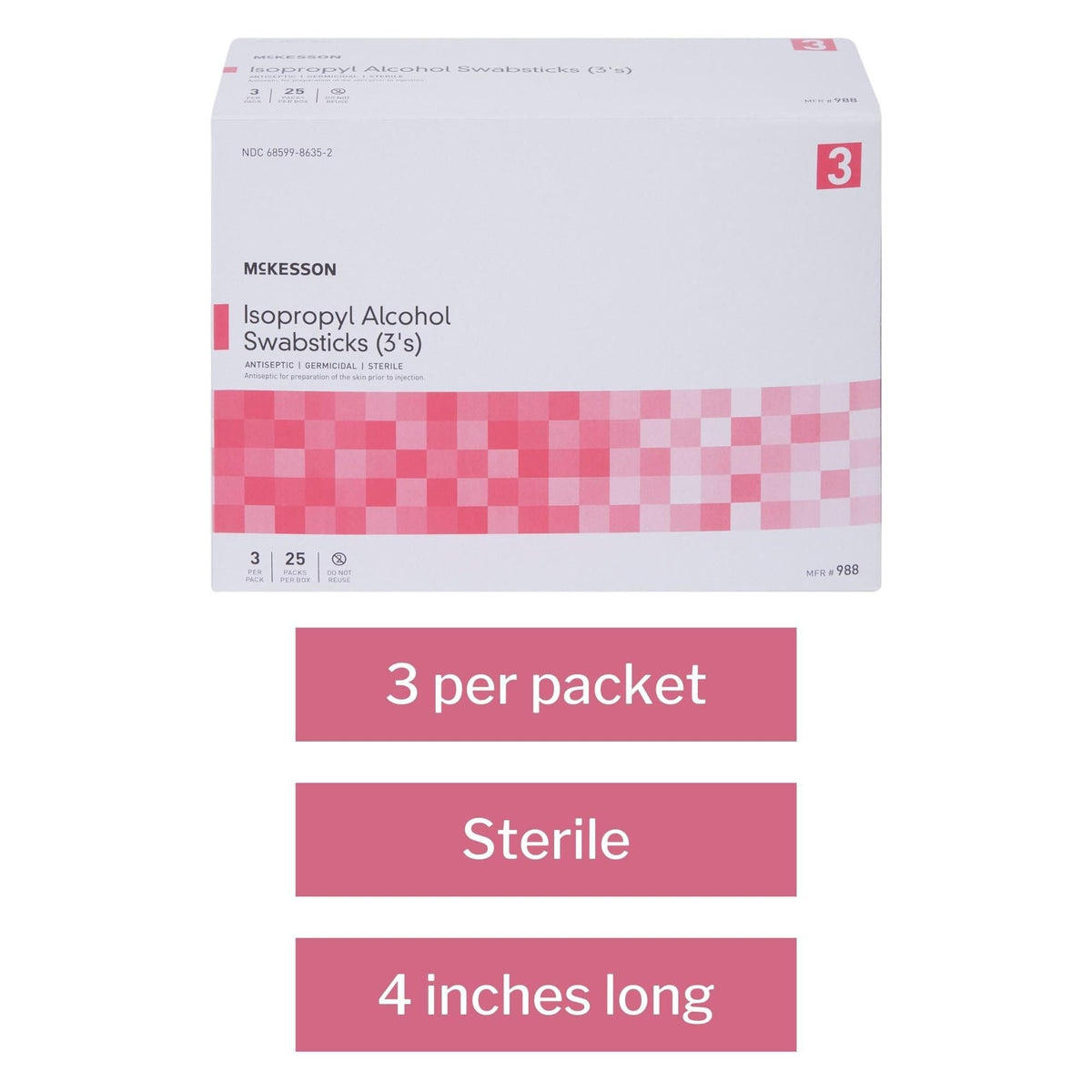McKesson Isopropyl Alcohol Swabsticks, Antiseptic, 3 Per Pack