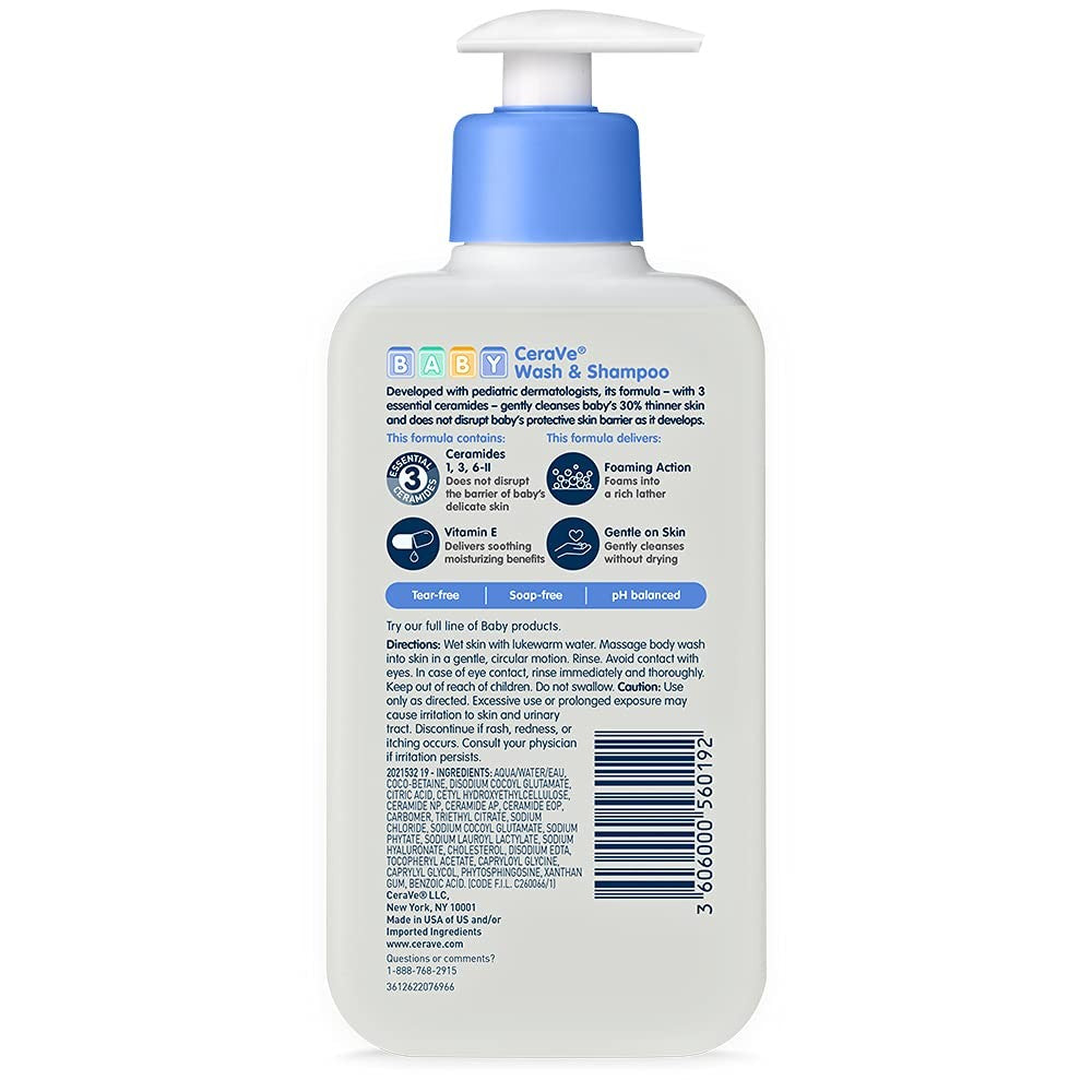 CeraVe Baby Wash & Shampoo, Unscented, 8 Fl Oz