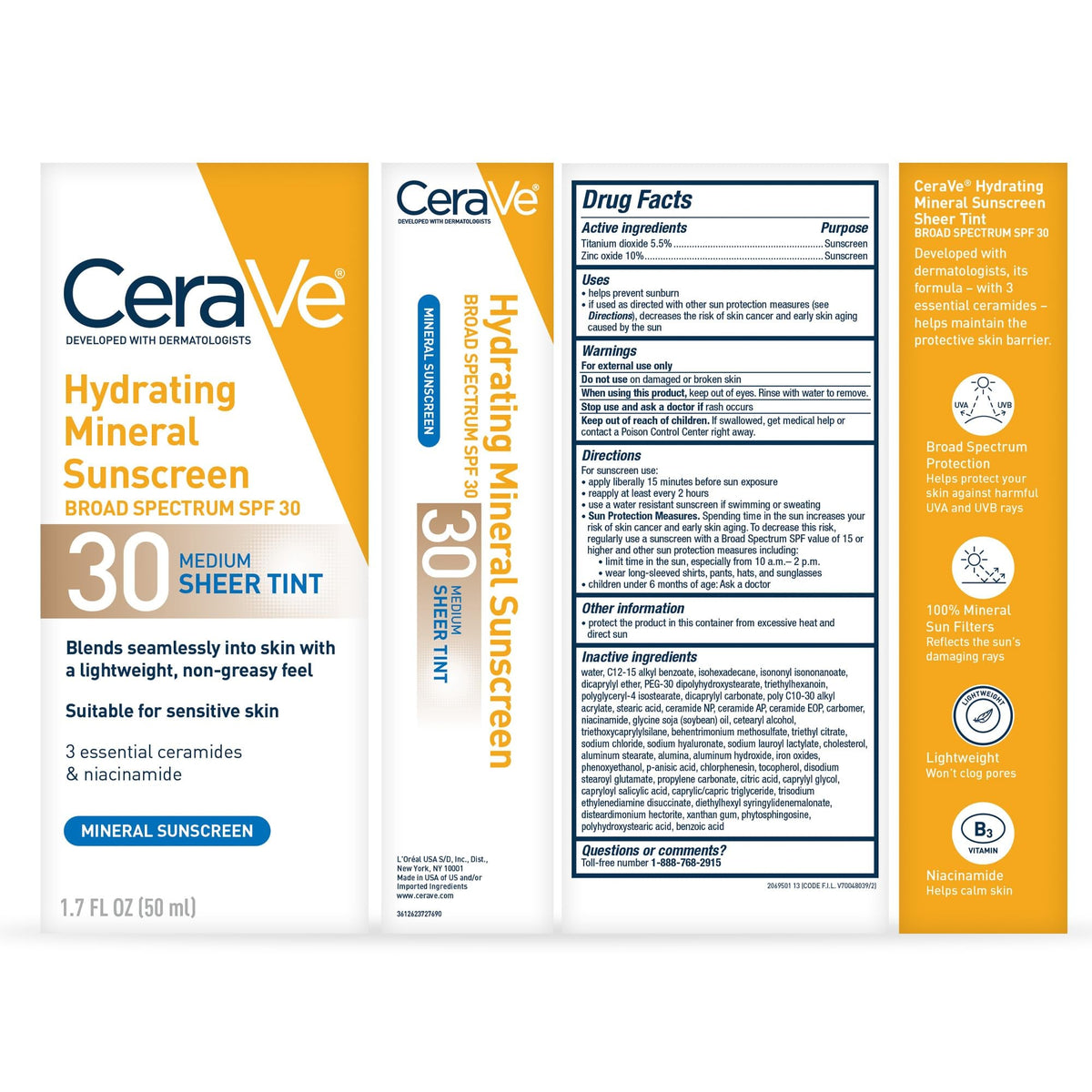 CeraVe Hydrating Mineral Sunscreen Medium Sheer Tint SPF 30 Lotion, Unscented, 1.7 fl oz