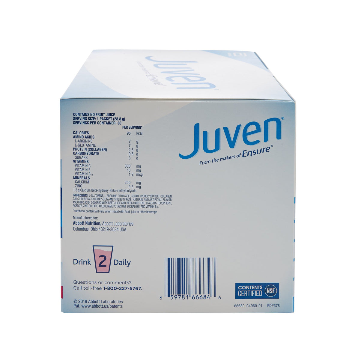 A blue and white box of Juven Therapeutic Nutrition Drink Mix, Fruit Punch Flavor by Abbott Nutrition, features nutrition facts, barcode, manufacturer info, a recommendation to drink two daily, wound healing benefits, and certification logos.