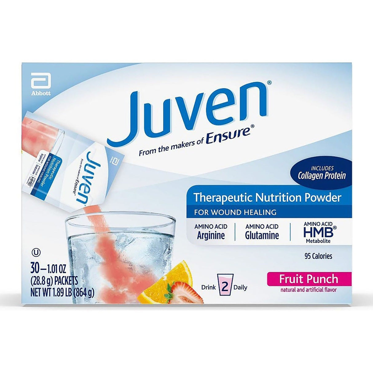 Box of Abbott Nutrition Juven Therapeutic Nutrition Drink Mix, Fruit Punch Flavor. The white and blue package shows a packet being poured into water with fruit slices and highlights nutrients for wound healing and lean body mass.