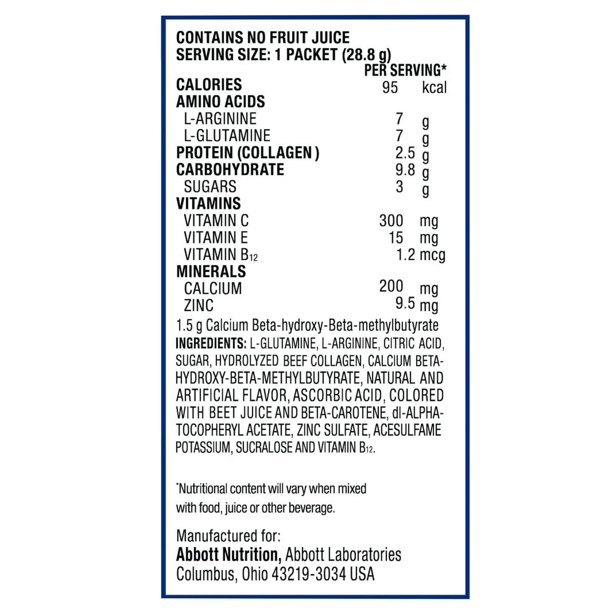 Nutrition label for Juven Therapeutic Nutrition Drink Mix, Fruit Punch Flavor by Abbott Nutrition, details calories, amino acids, protein, carbs, vitamins/minerals, ingredients, manufacturer info, and mixing instructions for wound healing support.