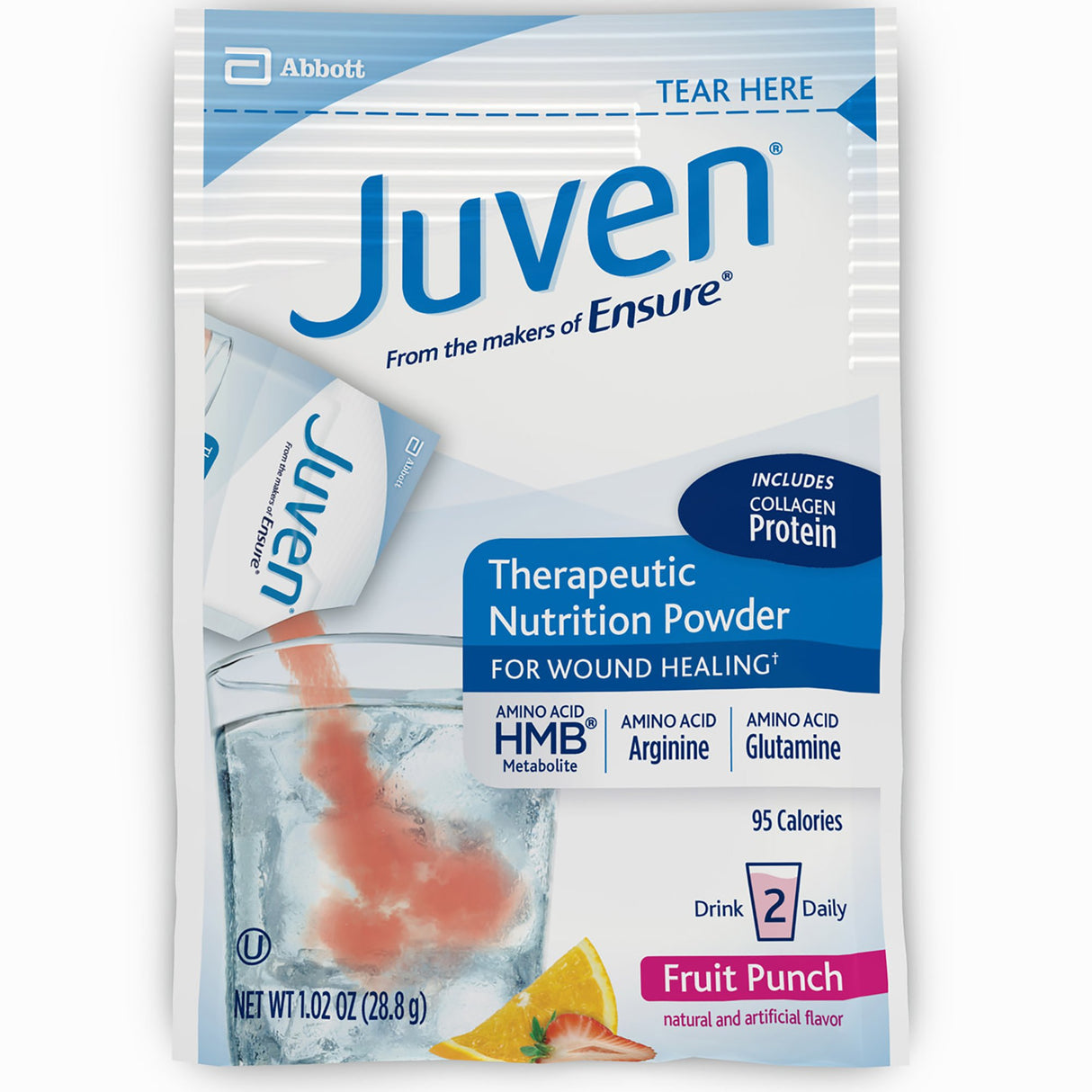Single-serve packet of Abbott Nutrition Juven Therapeutic Nutrition Drink Mix, Fruit Punch Flavor, with collagen protein for wound healing and lean body mass, shown poured into water with fresh fruit.