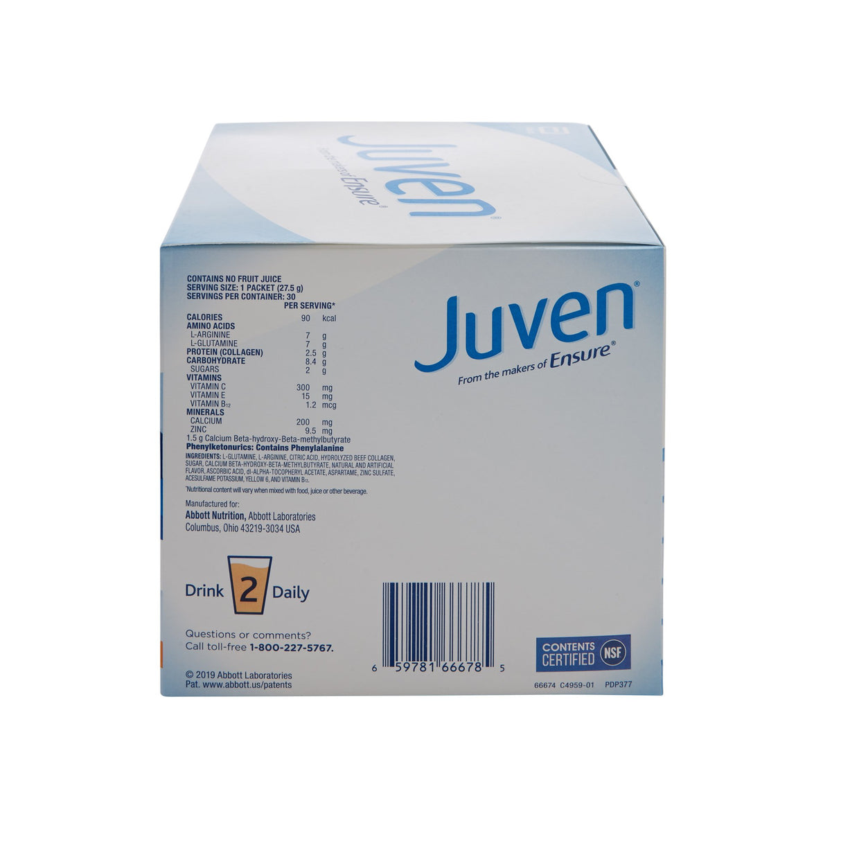 A box of Juven Therapeutic Nutrition Drink Mix, Orange Flavor by Abbott Nutrition, displays nutrition info and instructions to drink two per day to support lean body mass and wound healing, with mostly white and blue packaging.