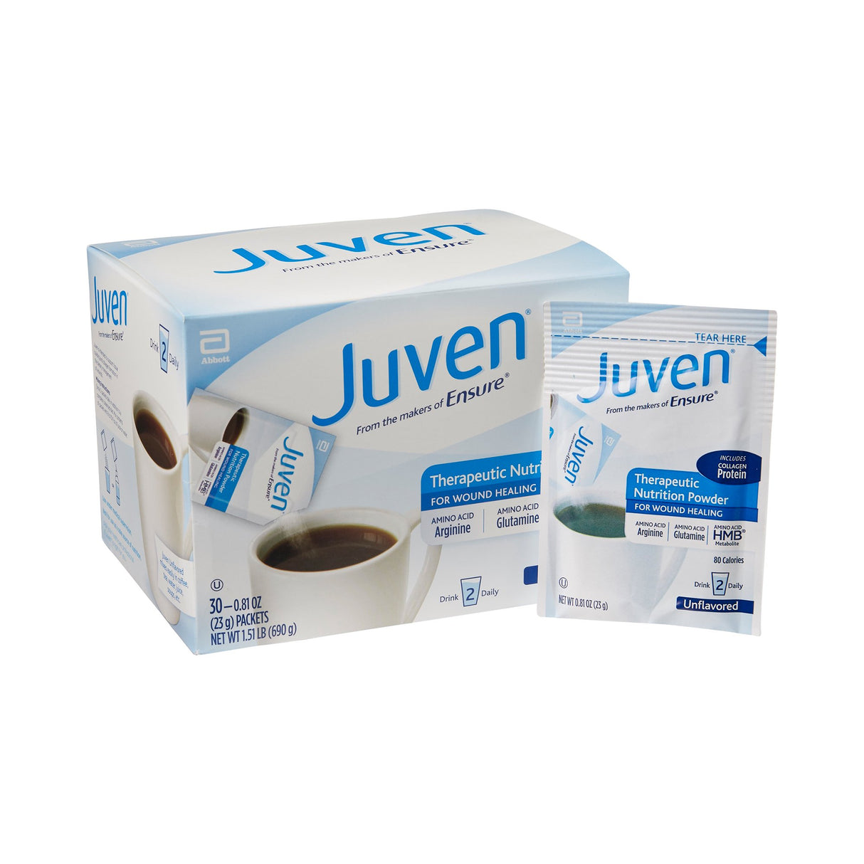 A box of Abbott Nutrition Juven Therapeutic Nutrition Drink Mix, Unflavored, for wound healing and aging. Includes 30 packets per box with a blue and white beverage design.