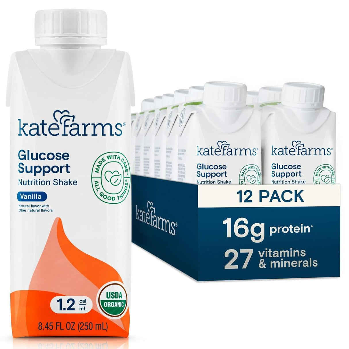Kate Farms Glucose Support 1.2, Vanilla, CS/12 is a plant-based nutrition shake packed with 16g protein and 27 vitamins & minerals. USDA organic, it’s designed to help manage blood sugar. Shown: a single carton in front of the branded 12-pack box.