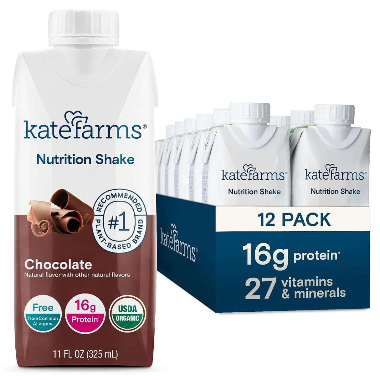 Kate Farms Nutrition Shake, Chocolate, Case/12 shown next to single carton. This vegan shake offers 16g organic pea protein, 27 vitamins & minerals, is USDA organic, allergy-friendly. Blue and white packaging features a chocolate curl image.
