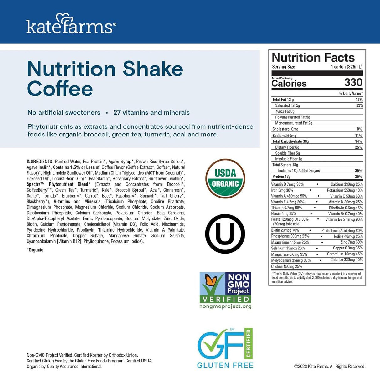 Kate Farms Nutrition Shake, Coffee (Case/12) label shows ingredients, nutrition facts, and certifications: USDA Organic, Non-GMO Project Verified, Gluten-Free. Each serving has organic pea protein, 330 calories, and 27 vitamins and minerals.