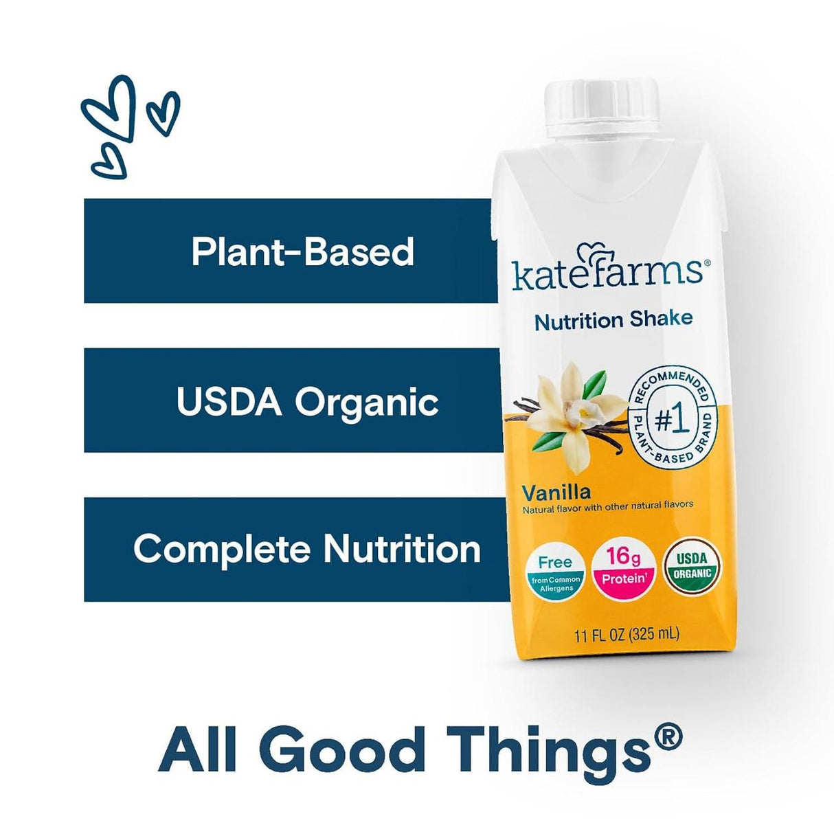 A case of 12 Kate Farms Nutrition Shake, Vanilla (11 fl oz each) is shown with text highlighting Plant-Based, USDA Organic, vegan meal replacement, Complete Nutrition, 16g organic pea protein, and All Good Things®.