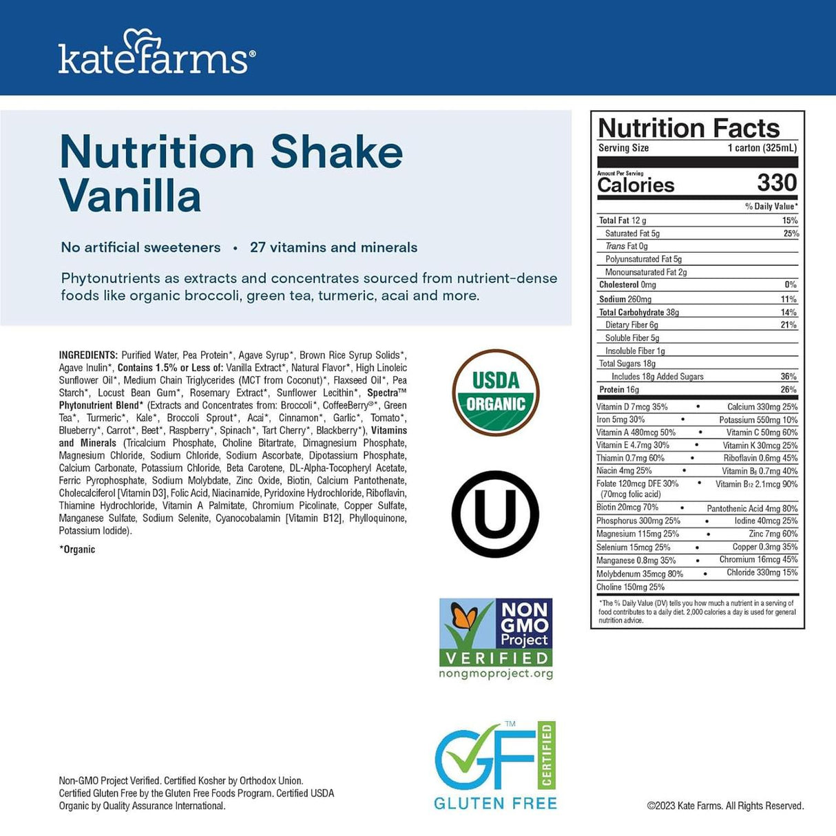 The Kate Farms Nutrition Shake, Vanilla (Case/12) label lists ingredients, nutrition facts, and certifications. It’s made with organic pea protein, is vegan, non-GMO, gluten-free, has no artificial sweeteners, and features a blue-white design.