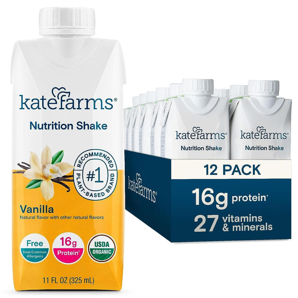 A Kate Farms Nutrition Shake, Vanilla, Case/12 is shown. This vegan meal replacement features organic pea protein, provides 16g protein, is USDA organic, free from common allergens, and offers 27 vitamins & minerals.