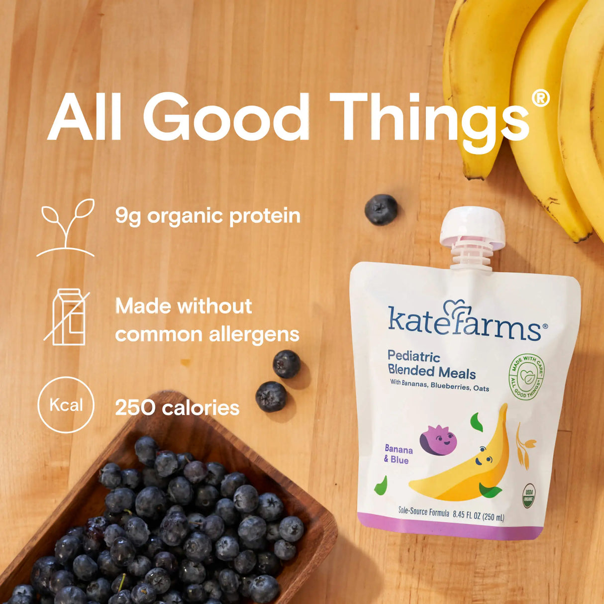 Kate Farms Pediatric Blended Meals, Banana & Blueberry, offers 9g organic protein and 250 calories per pouch. Made without common allergens, it’s ideal as a tube feeding formula—organic nutrition for kids. Available in cases of 12.