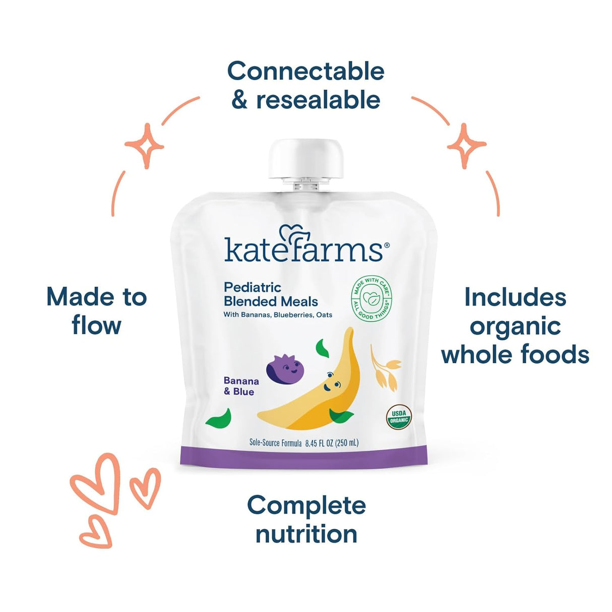 The Kate Farms Pediatric Blended Meals, Banana & Blueberry CS/12 pouch features connectable and resealable design, made-to-flow spout, organic and complete nutrition, with illustrated banana and blueberry fruits on the packaging.