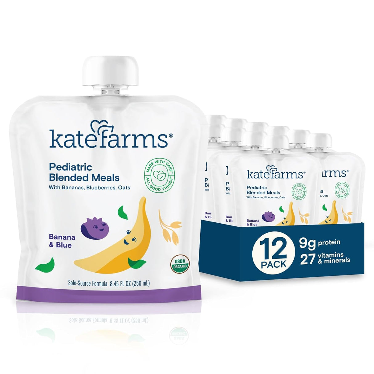 A pouch of Kate Farms Pediatric Blended Meals, Banana & Blueberry, is pictured beside a 12-pack box. The pouch highlights 9g protein, 27 vitamins & minerals, and organic nutrition with fruit graphics on the front.