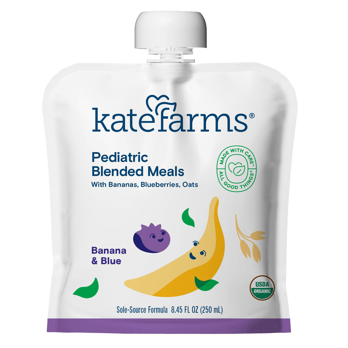 A white pouch of Kate Farms Pediatric Blended Meals, Banana & Blueberry, features kid-friendly banana and blueberry illustrations and highlights USDA Organic, organic nutrition for kids, and tube feeding formula icons.