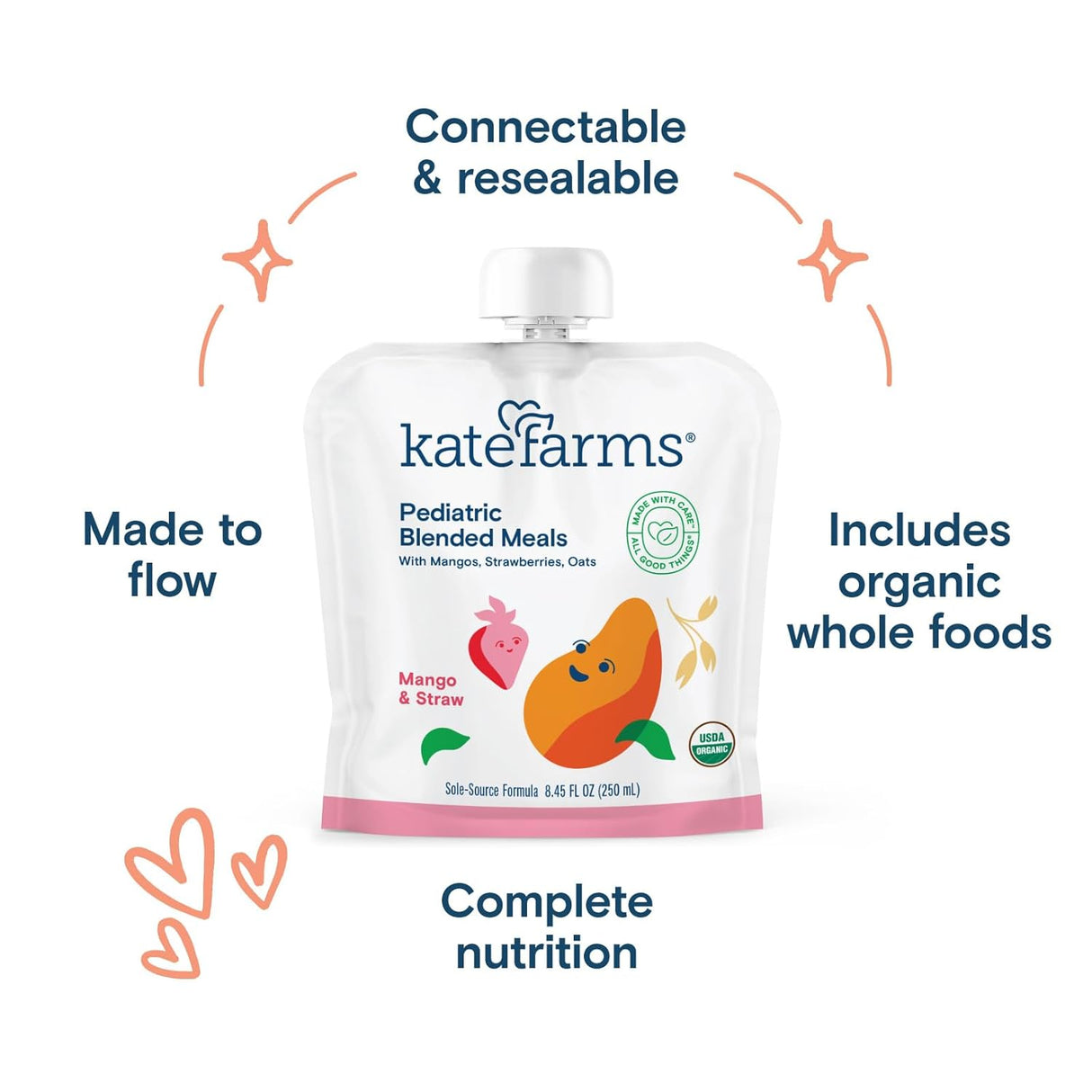 A case of 12 Kate Farms Pediatric Blended Meals, Mango & Strawberry, offers plant-based nutrition from organic whole foods in connectable, resealable pouches for pediatric tube feeding. Pouch features mango and strawberry images.