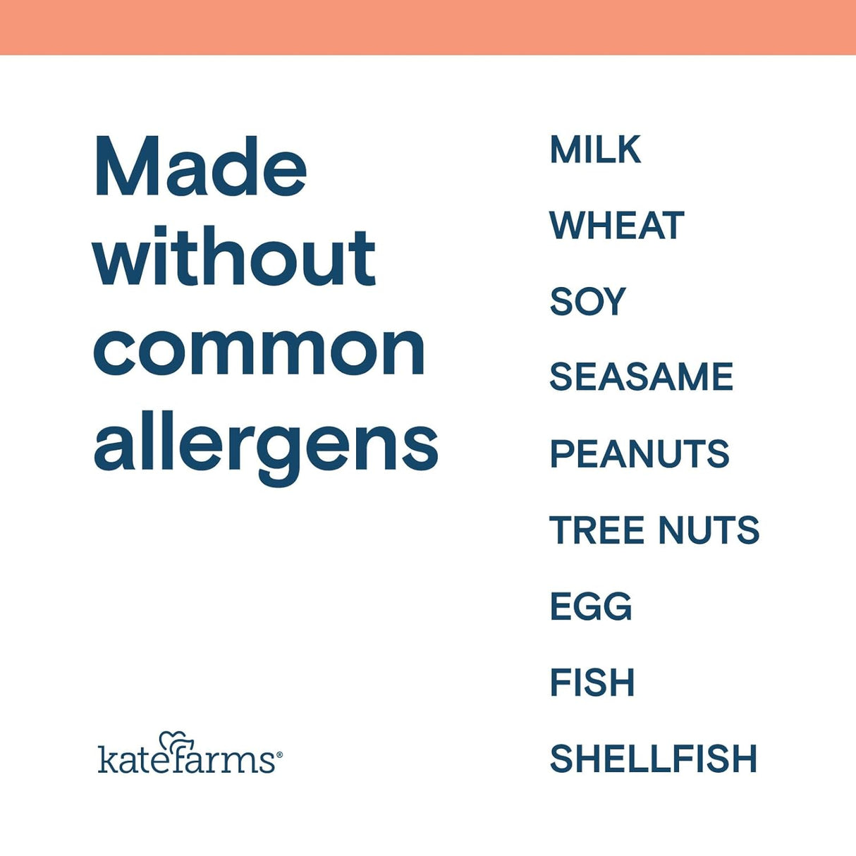 Text graphic with a peach banner on top. Left: large text “Made without common allergens.” Right: list of milk, wheat, soy, sesame, peanuts, tree nuts, egg, fish, shellfish. Features Kate Farms Pediatric Blended Meals Mango & Strawberry and logo bottom left.