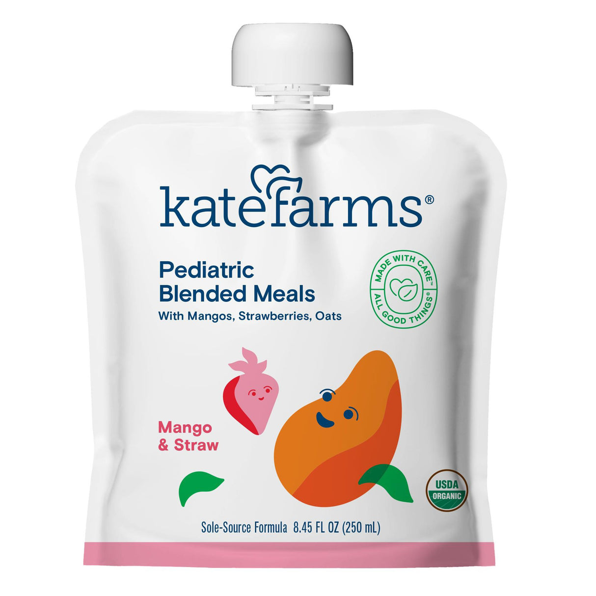 A white pouch of Kate Farms Pediatric Blended Meals, Mango & Strawberry, shows mango and strawberry illustrations, USDA Organic and Made with Care logos, offering plant-based nutrition for kids; from Kate Farms, case of 12.
