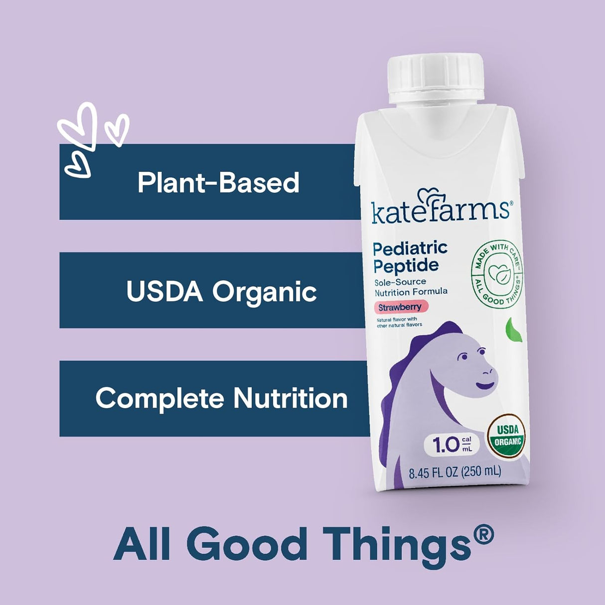 A carton of Kate Farms Pediatric Peptide Formula 1.0, Strawberry, features a purple dinosaur, offers plant-based, USDA Organic complete nutrition, and comes in an 8.45 fl oz (250 mL) carton for tube feeding.