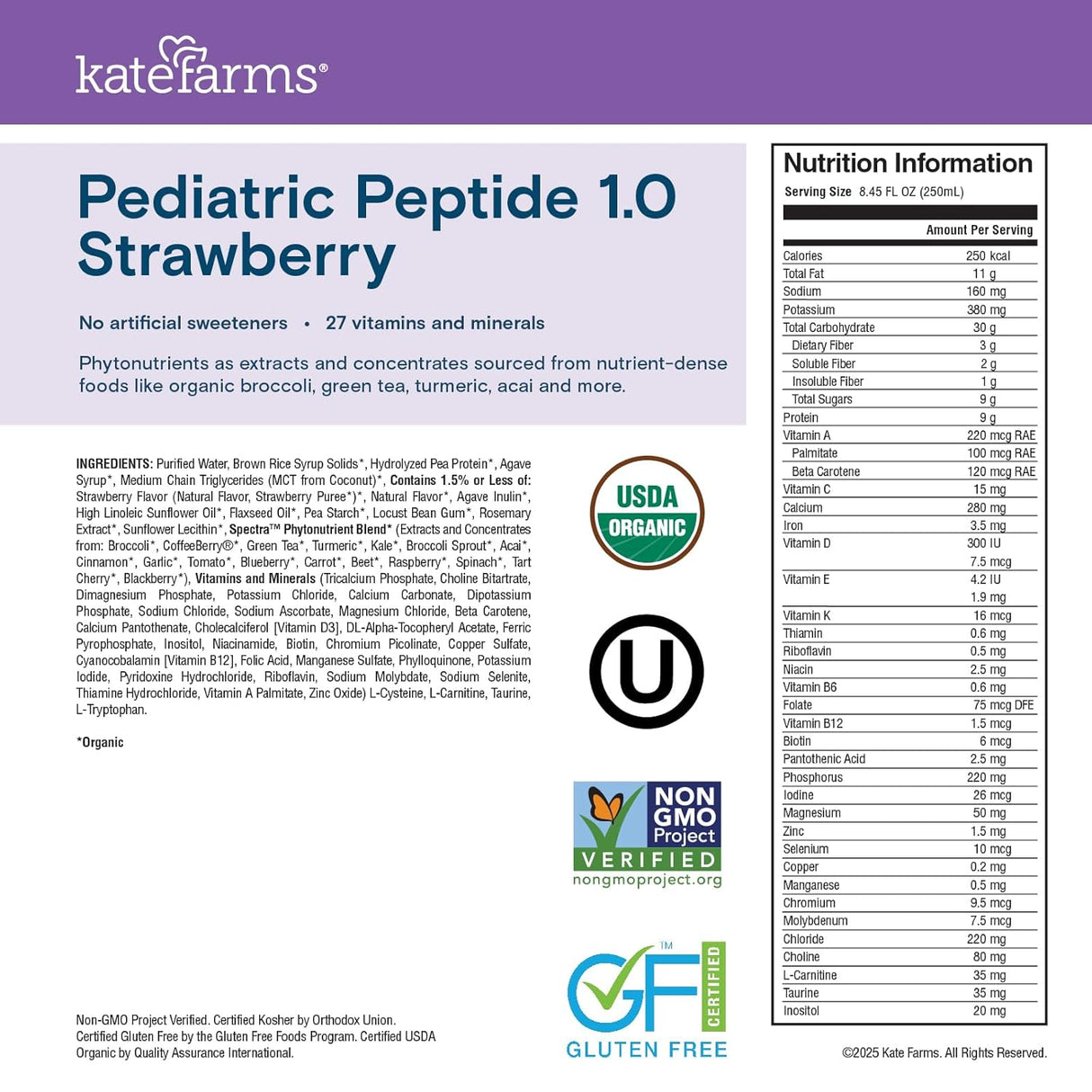 Product label for Kate Farms Pediatric Peptide Formula 1.0, Strawberry by Kate Farms, featuring tube feeding suitability, plant-based nutrition, nutrition facts, ingredients list, and icons for USDA Organic, Non-GMO Project Verified, and Gluten Free.