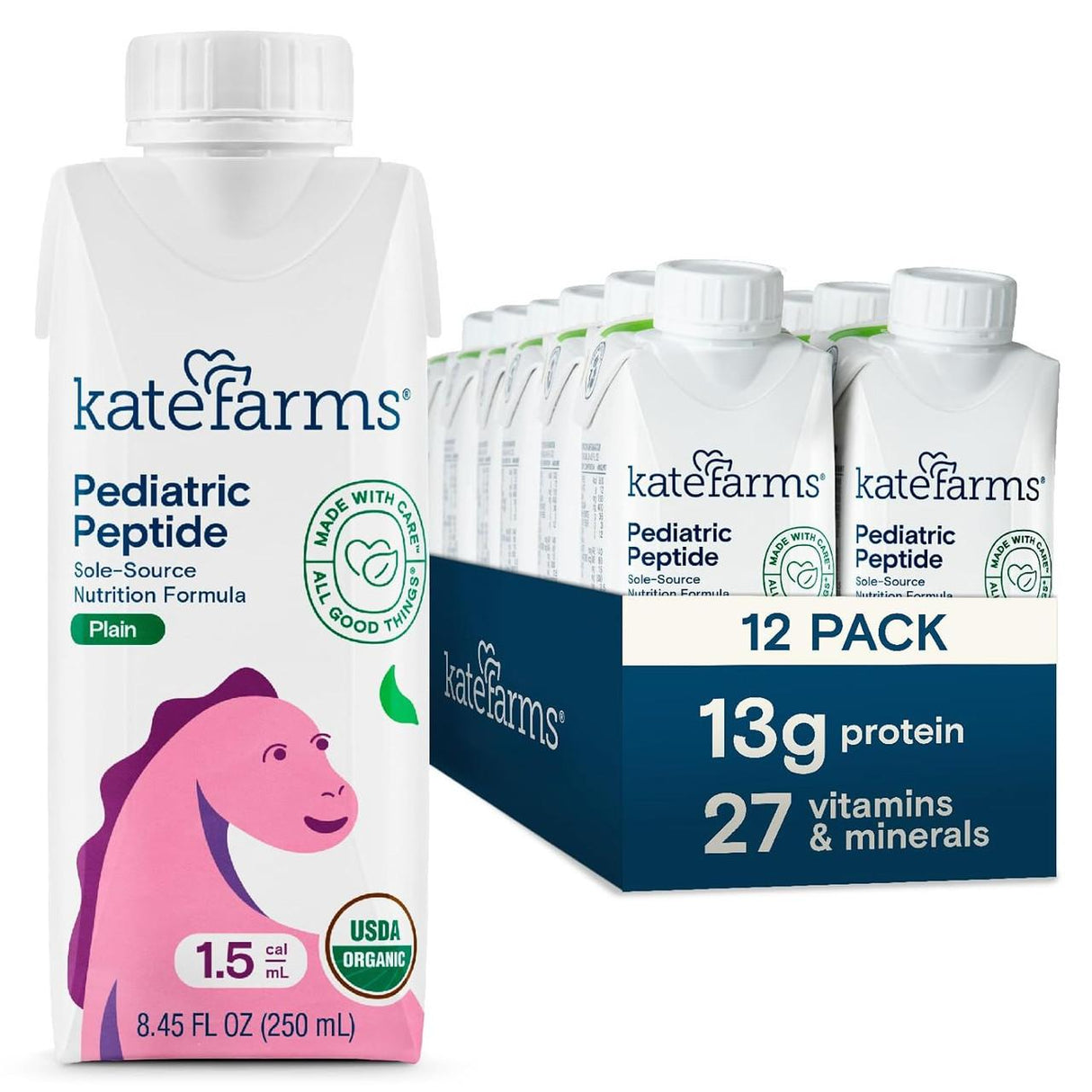 A carton of Kate Farms Pediatric Peptide 1.5, Plain (CS/12), is shown next to its 12-pack box. The label highlights complete nutrition for kids: 13g protein, 27 vitamins & minerals, and USDA organic. Brand: Kate Farms.