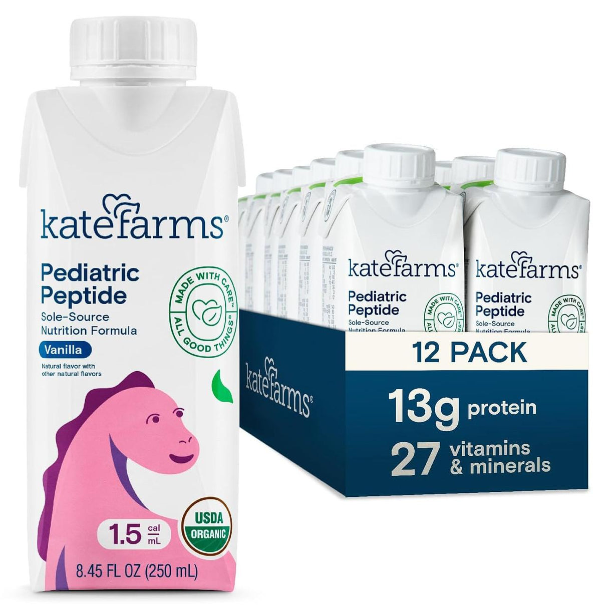 A carton of Kate Farms Pediatric Peptide 1.5, Vanilla, sits next to a 12-pack box, each formula providing organic hydrolyzed pea protein with 13g protein and 27 vitamins & minerals—ideal for weight gain.