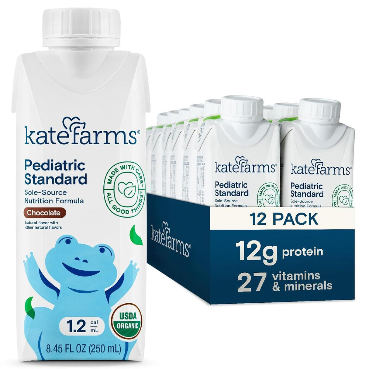 A 12-pack of Kate Farms Pediatric Standard Formula 1.2, Chocolate, features a smiling cartoon frog and highlights 12g protein, 27 vitamins & minerals, and USDA organic on the label.