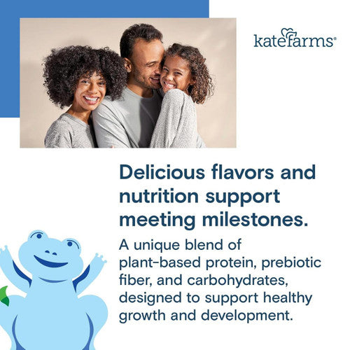 A smiling family of three hugs beside text about Kate Farms Pediatric Standard Formula 1.2 Chocolate, with a friendly blue cartoon frog and info on plant-based protein for healthy kids development.