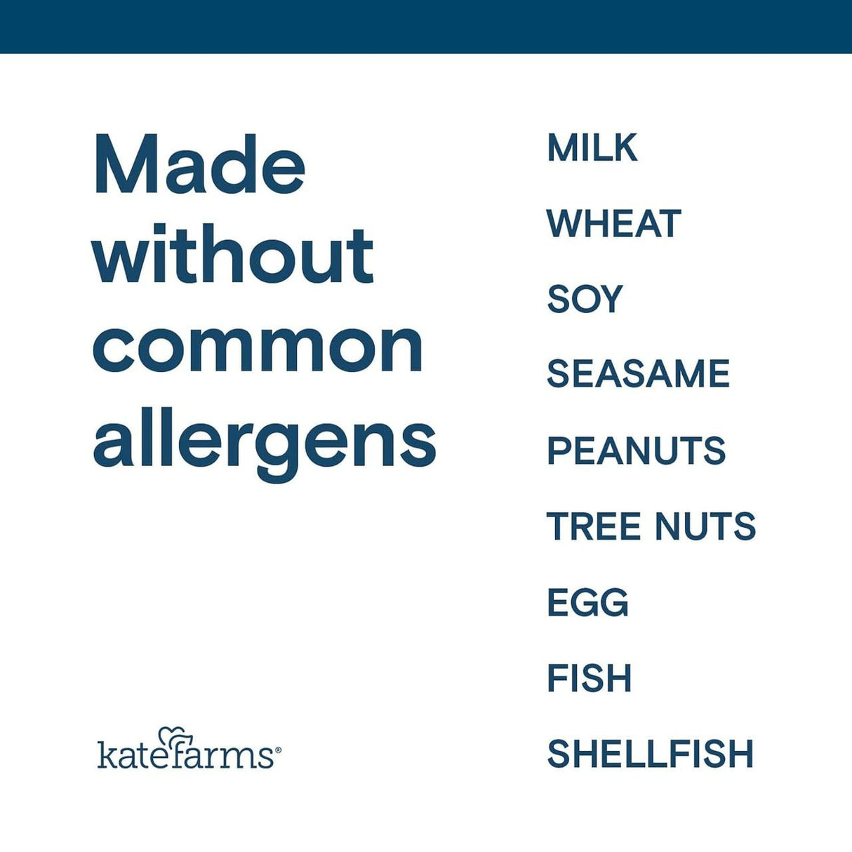 Text graphic: “Made without common allergens” on the left. On the right: milk, wheat, soy, sesame, peanuts, tree nuts, egg, fish, shellfish. Kate Farms logo at bottom—ideal for tube feeding or pediatric nutrition. Product: Kate Farms Pediatric Standard Formula 1.2 Vanilla.