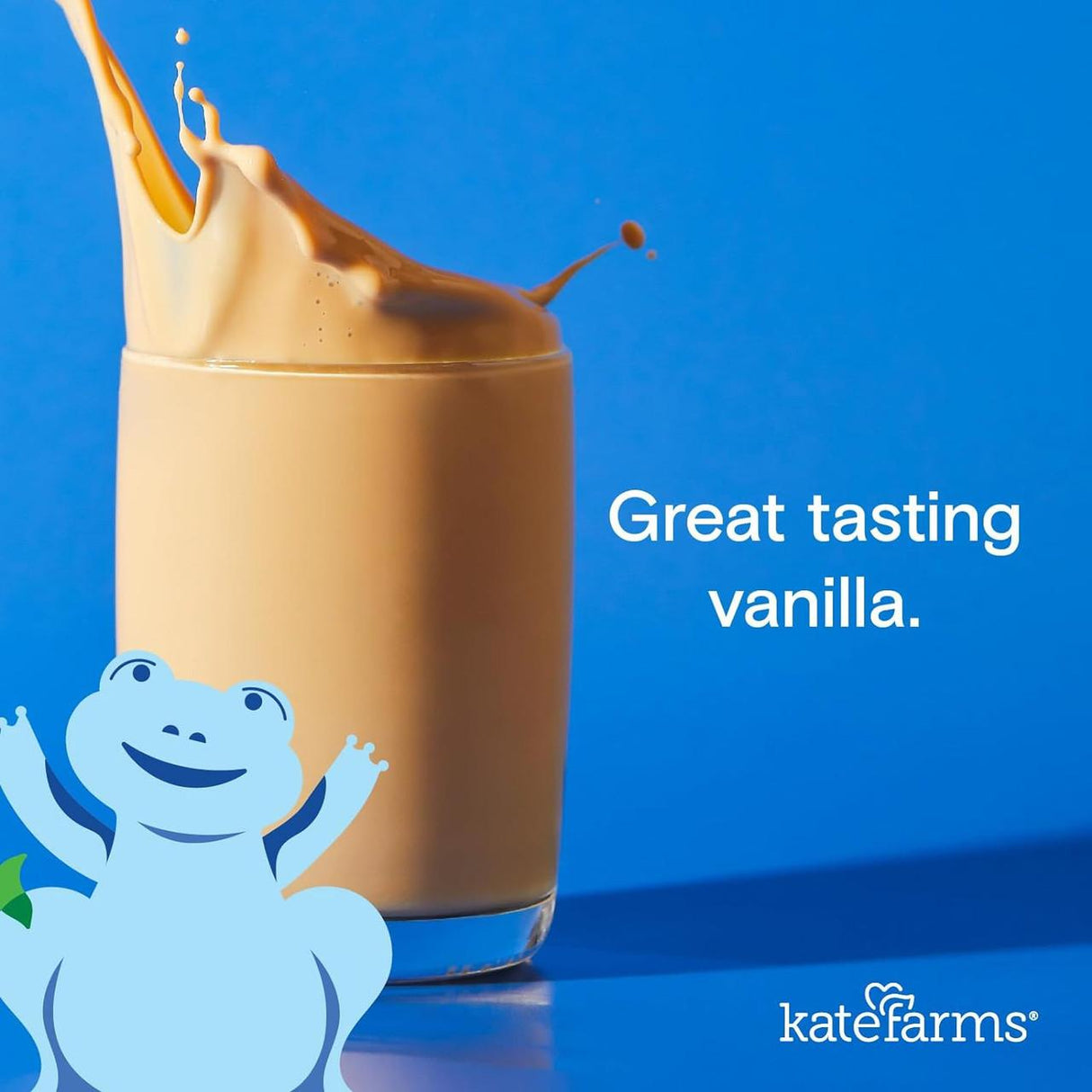 A glass of Kate Farms Pediatric Standard Formula 1.2, Vanilla, splashes against a blue background. An illustrated blue frog and the words “Great tasting vanilla.” appear beside it, with the Kate Farms logo at bottom right.