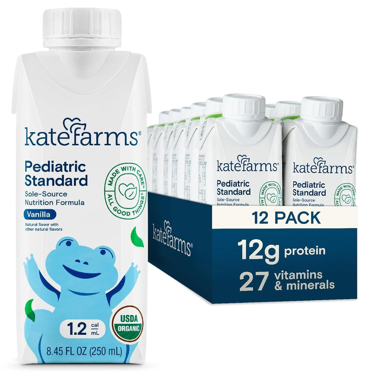 A carton of Kate Farms Pediatric Standard Formula 1.2, Vanilla is in front of a 12-pack case, featuring a smiling blue frog, USDA Organic seal, and highlights of 1.2 calories/mL, 12g protein, and 27 vitamins & minerals.