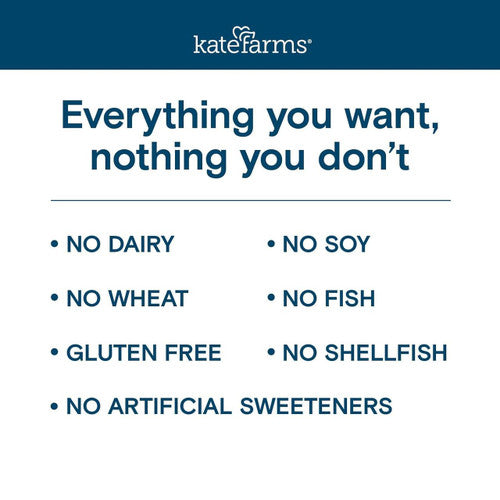 White background image with Kate Farms logo. Text: Kate Farms Peptide 1.0, Plain—ideal for tube feeding. No dairy, no wheat, gluten free, no artificial sweeteners, no soy, no fish, no shellfish. CS/12.