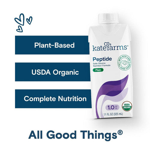 A carton of Kate Farms Peptide 1.0, Plain, CS/12 highlights Plant-Based, USDA Organic, hydrolyzed pea protein, and Complete Nutrition. The All Good Things® slogan with heart icons appears below—ideal for tube feeding.