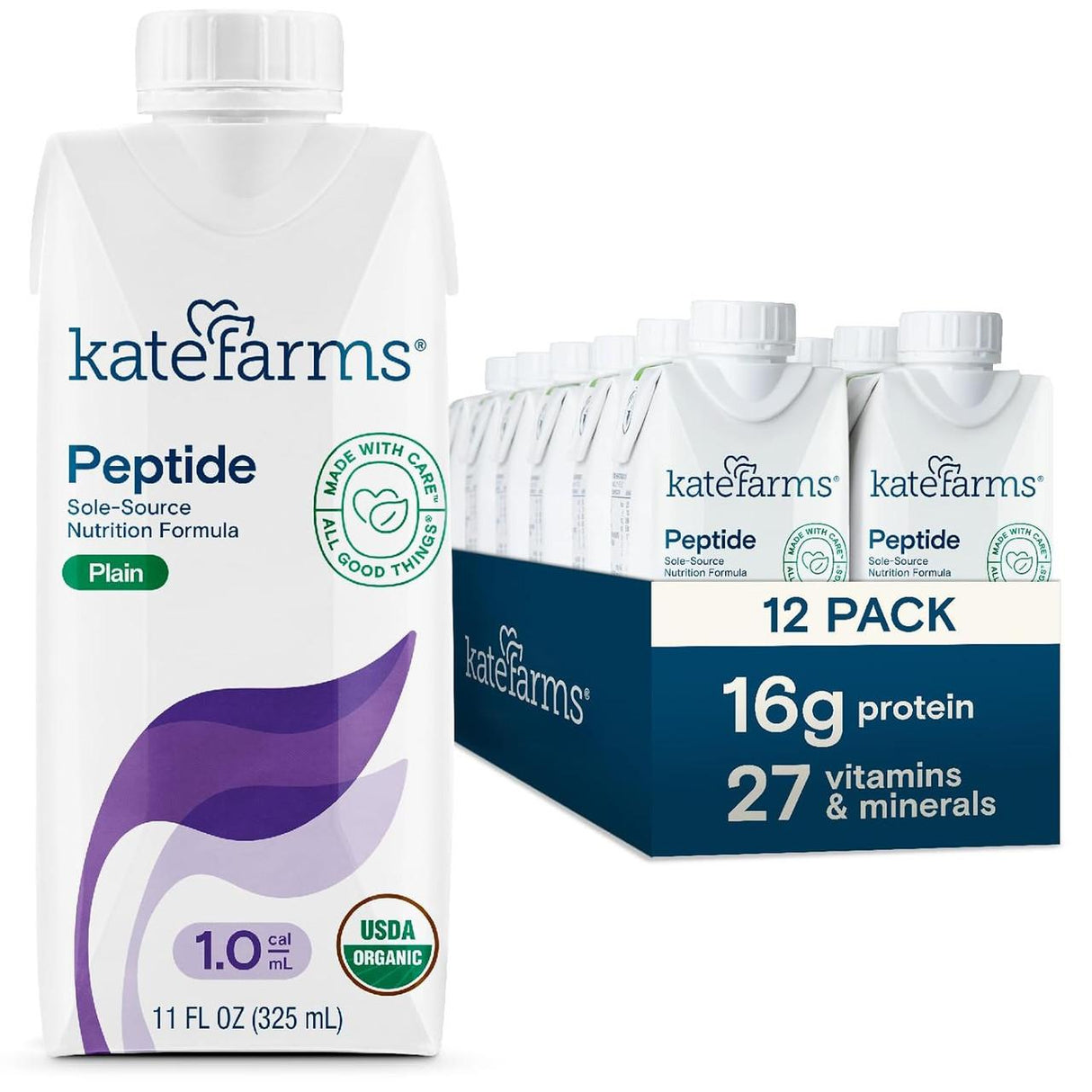 A carton of Kate Farms Peptide 1.0, Plain, CS/12 is shown beside a box of 12. The label notes hydrolyzed pea protein with 16g protein per serving, 27 vitamins & minerals, and that it’s organic—ideal for tube feeding.